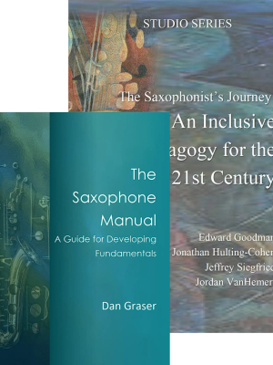 Collage of three saxophone-themed book covers: The Saxophone Manual, The Saxophonist's Journey, and a Studio Series title with saxophone imagery.